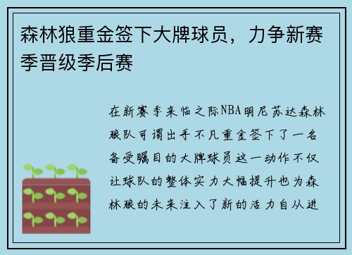 森林狼重金签下大牌球员，力争新赛季晋级季后赛